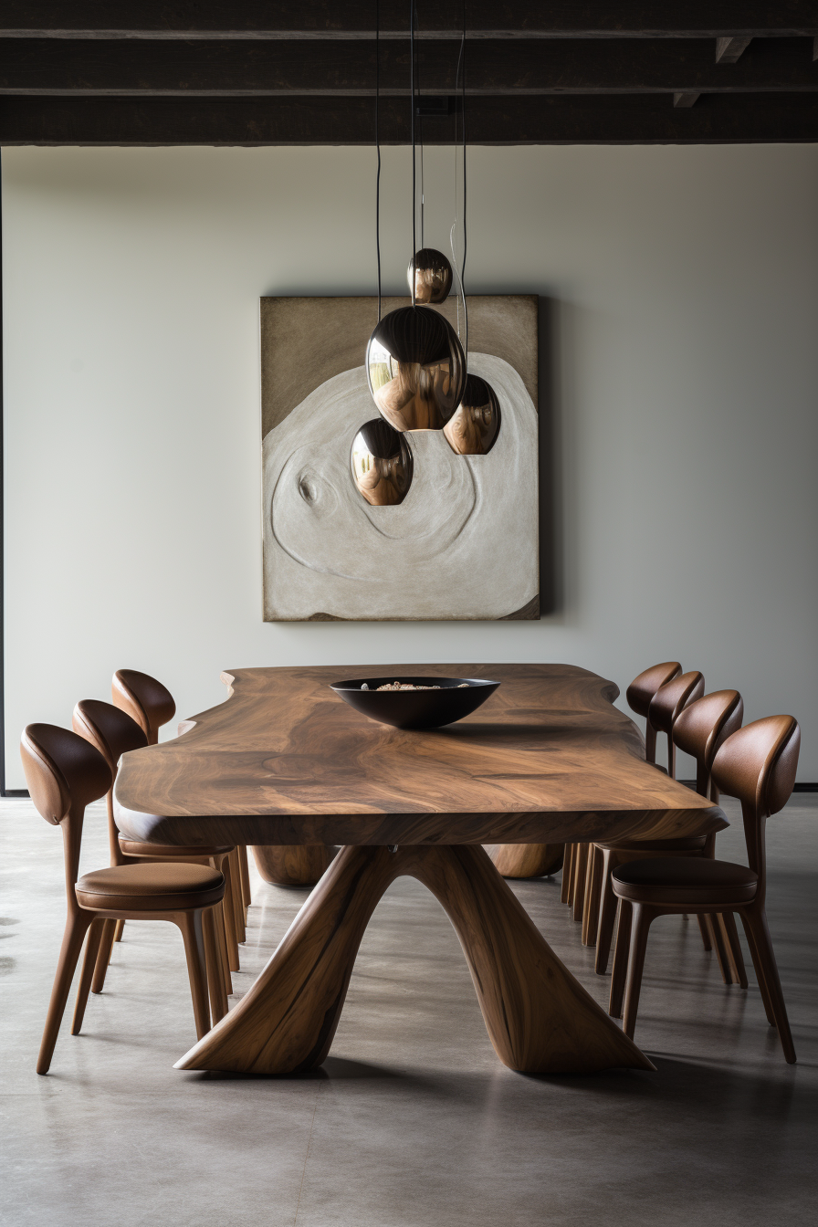 A modern dining room with a wooden table and chairs featuring an organic design.