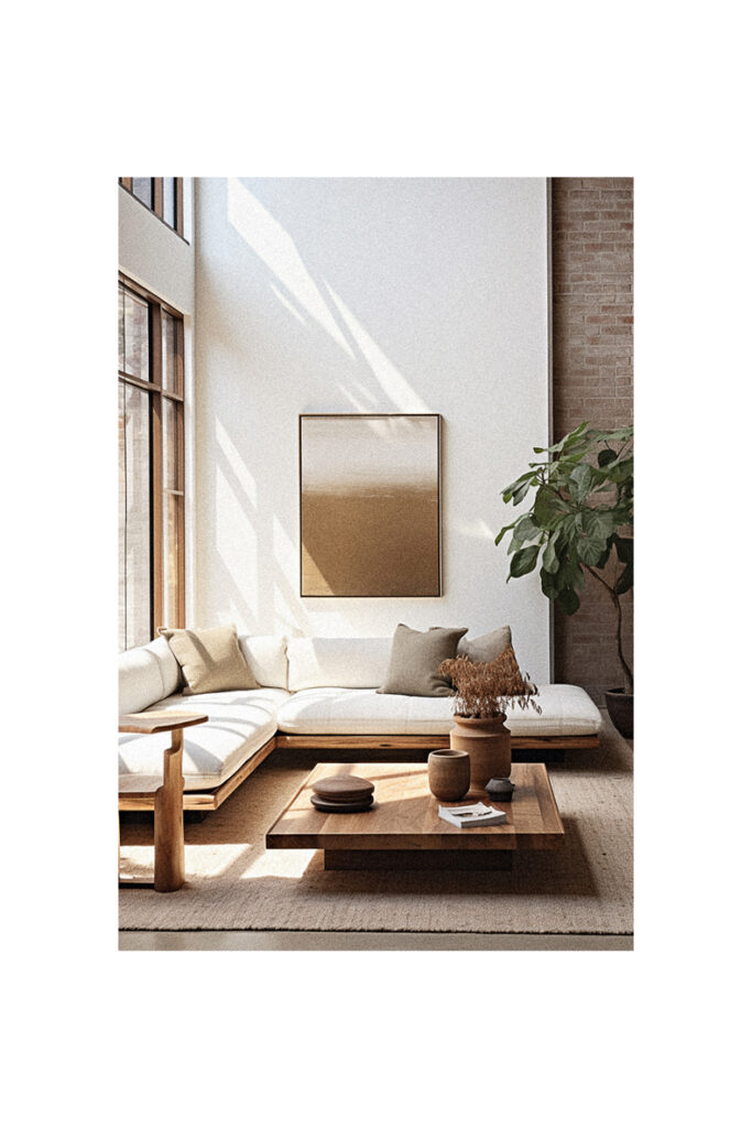 A modern white couch in a living room with organic elements.