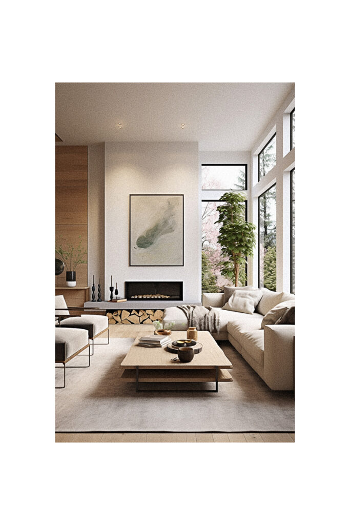 A modern living room with white furniture and a large window in a organic style.