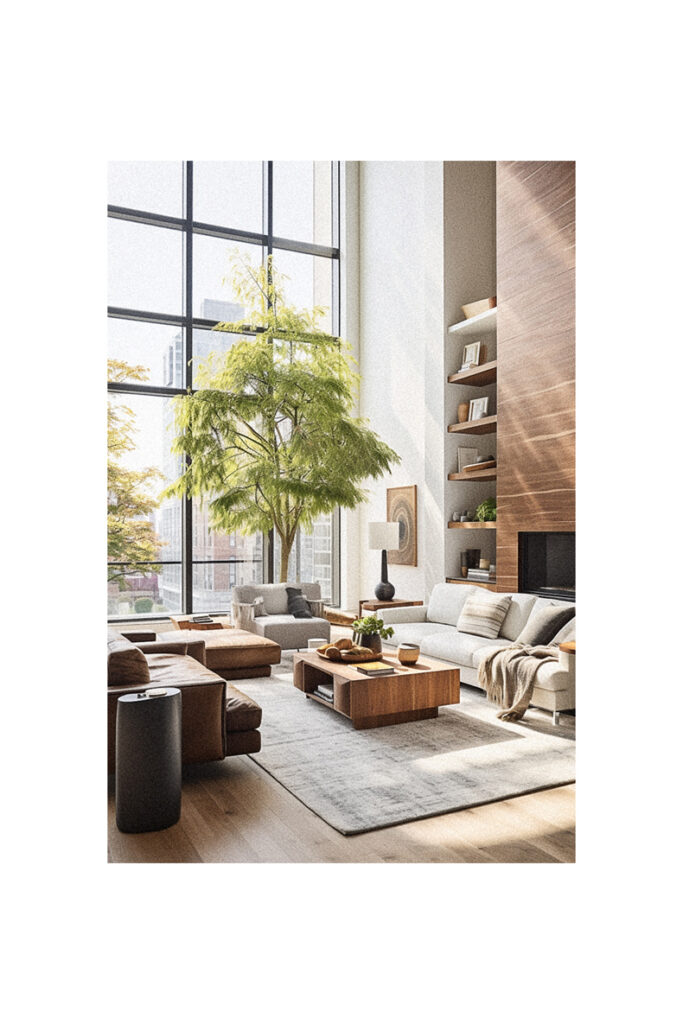 A modern living room with large windows and a tree.