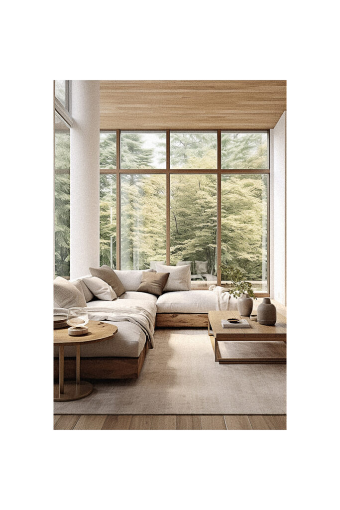 A modern living room with wooden floors and large windows, designed in a modern organic style.