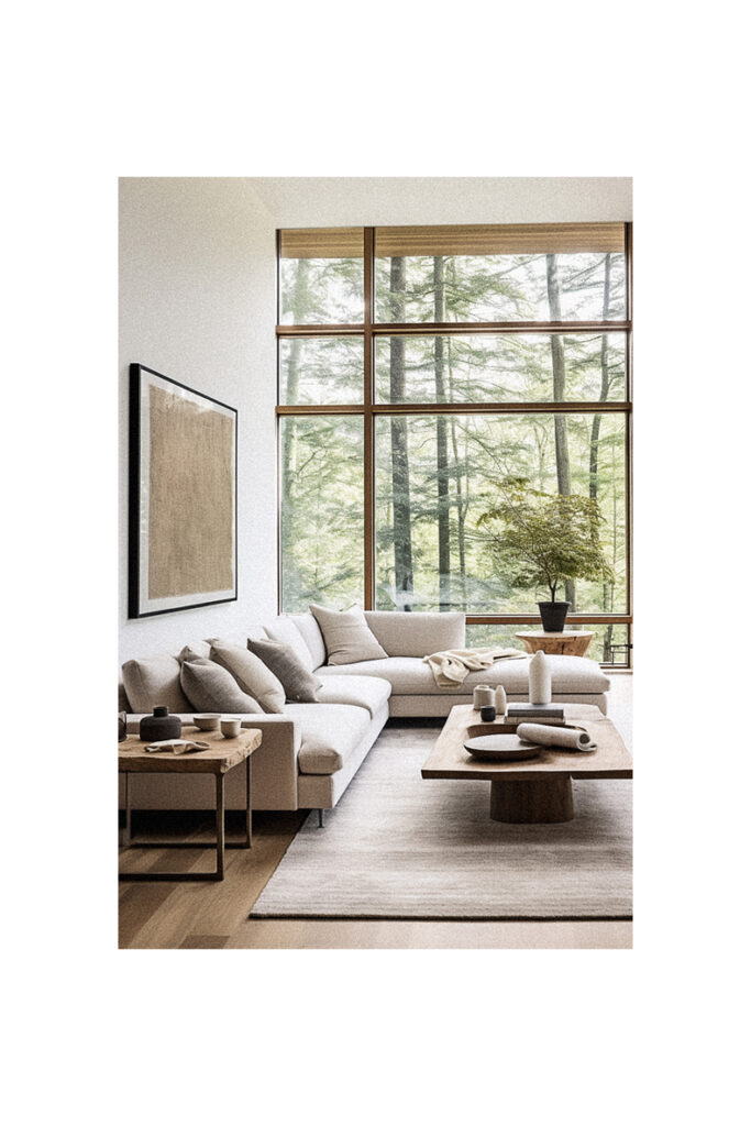 A modern living room with a large window overlooking a wooded area.