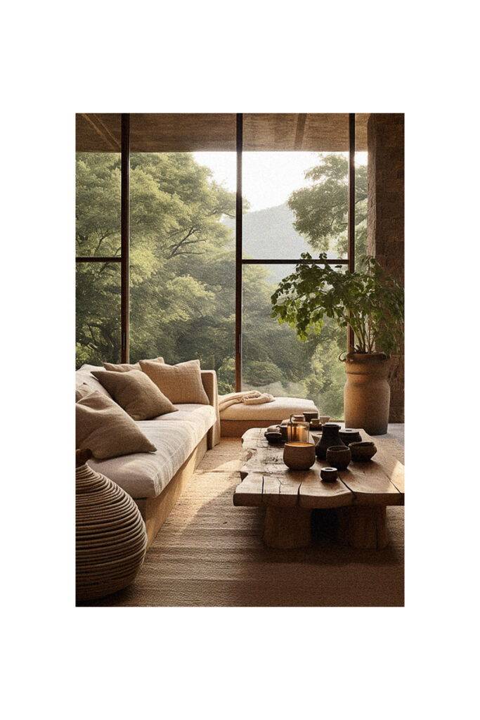 A living room with a large window showcasing the forest in a natural interior design style.