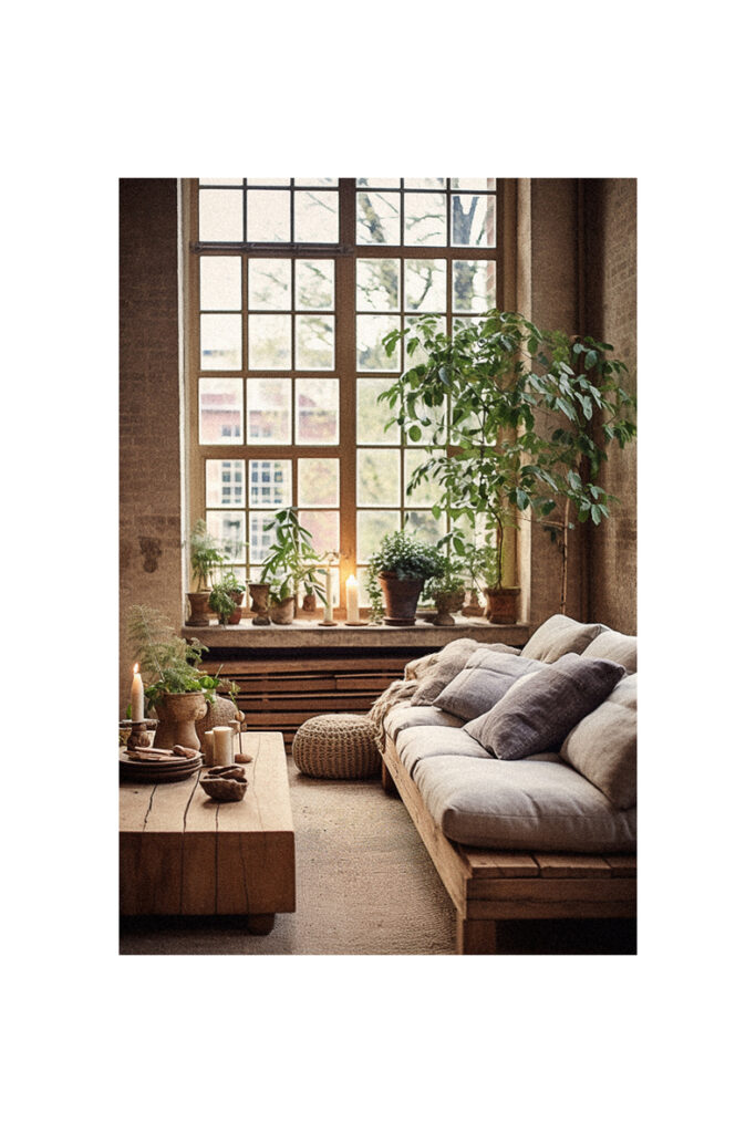 A living room with a window and plants, designed in a natural interior style.