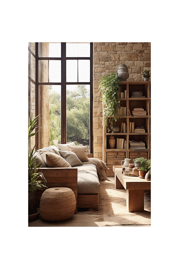 A living room with a large window and wooden furniture, showcasing natural interior design style.