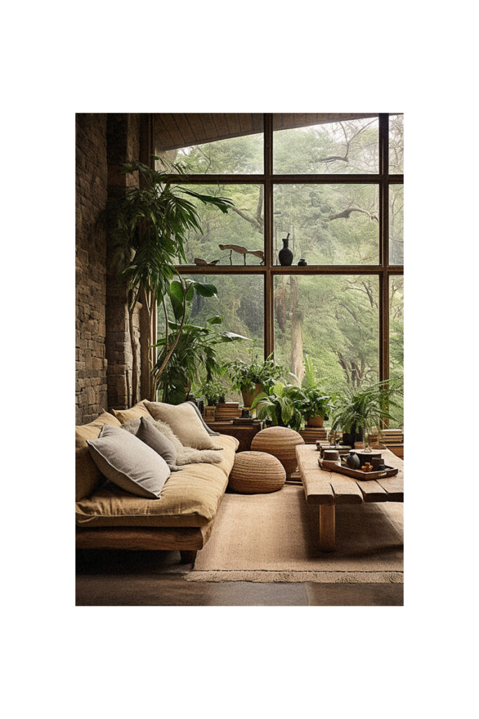 A living room with a large window and lots of plants styled in natural interior design.