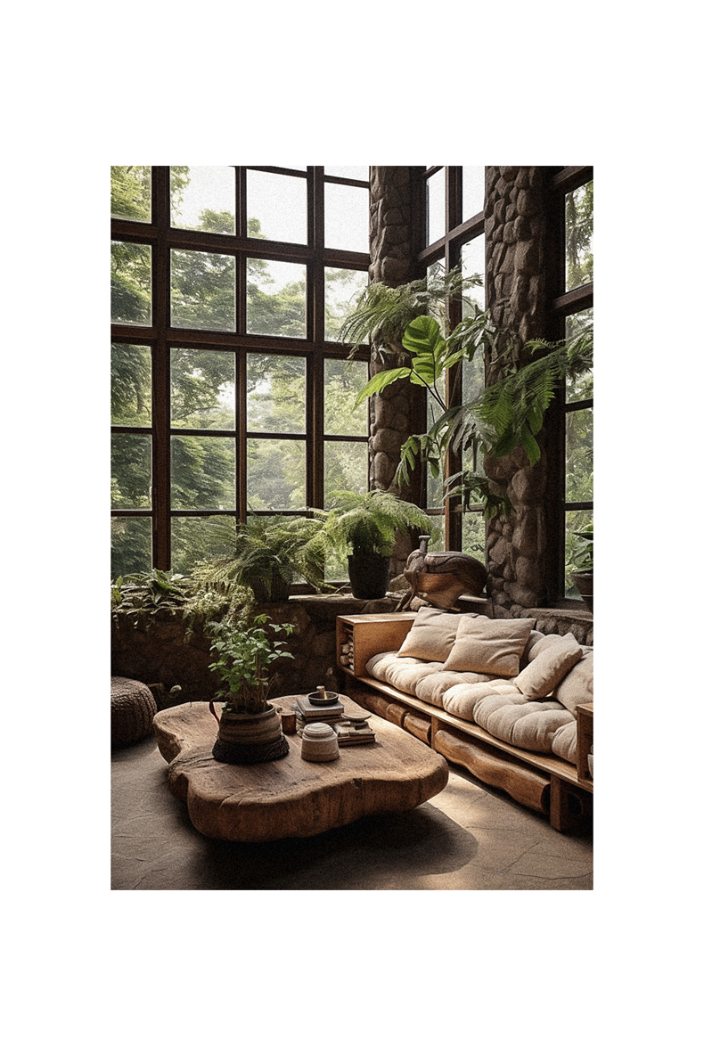 A living room with large windows and plants showcasing a natural interior design style.