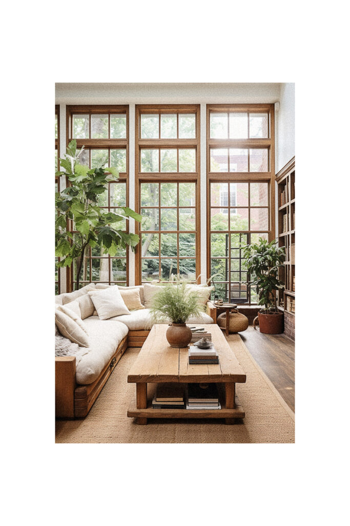 A living room with large windows and a wooden table in a natural interior design style.