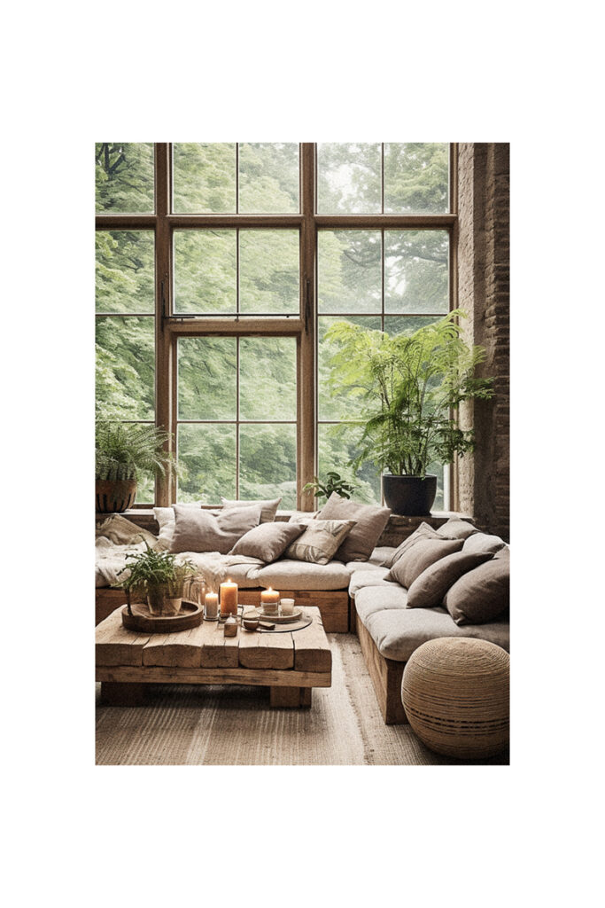 A living room with large windows and wooden furniture designed in a natural interior design style.