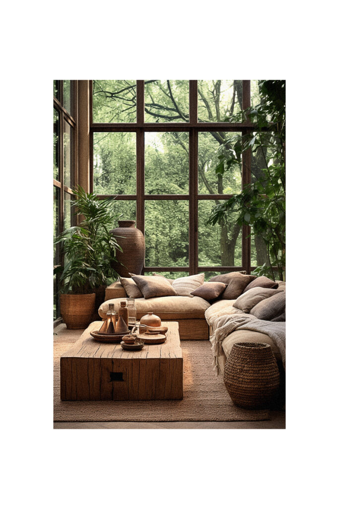 A living room styled in a natural interior design with large windows and a coffee table.