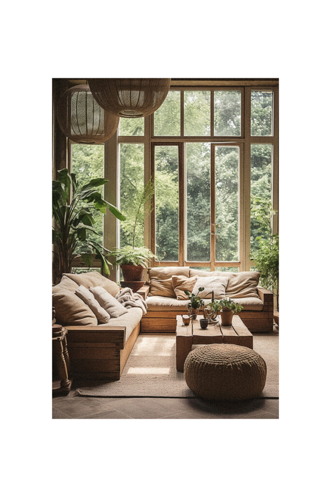 A living room with large windows and a couch featuring a natural interior design style.