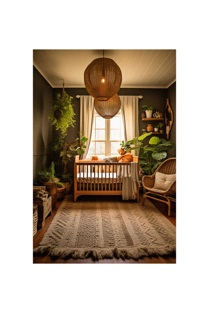 A natural nursery room with a crib, rug, and plants.