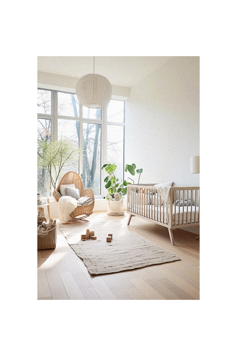 A natural nursery room with white walls and wooden floors.