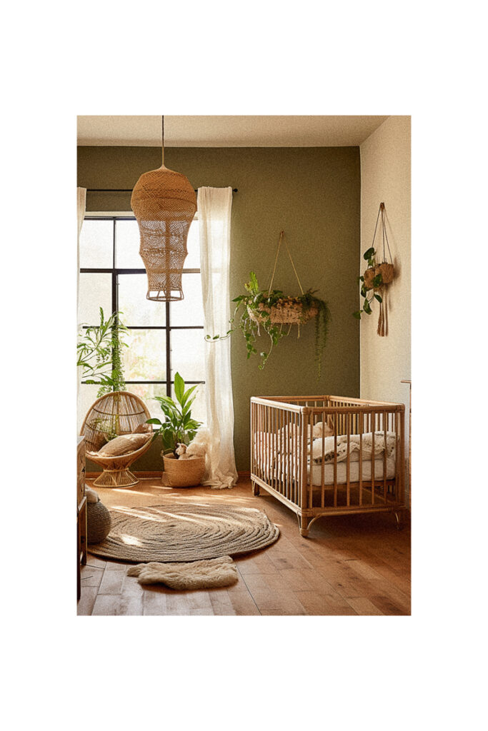 A natural nursery room with green walls and a wooden floor.