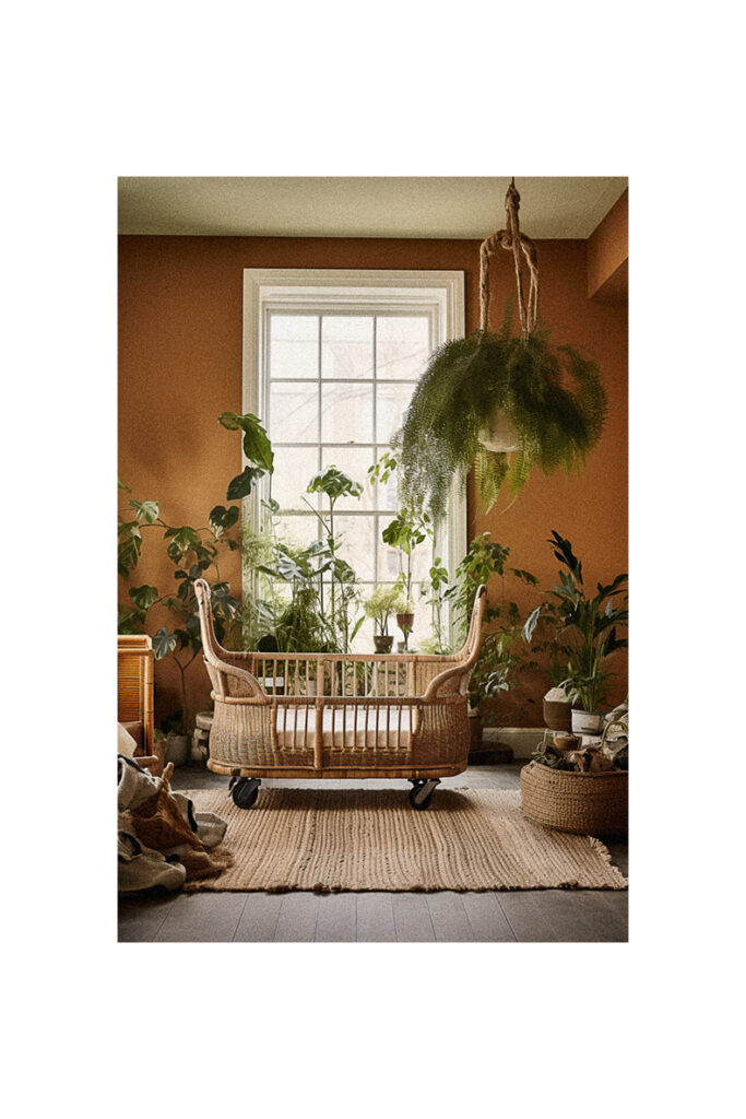 A Natural Living Room with plants and a wicker chair.
