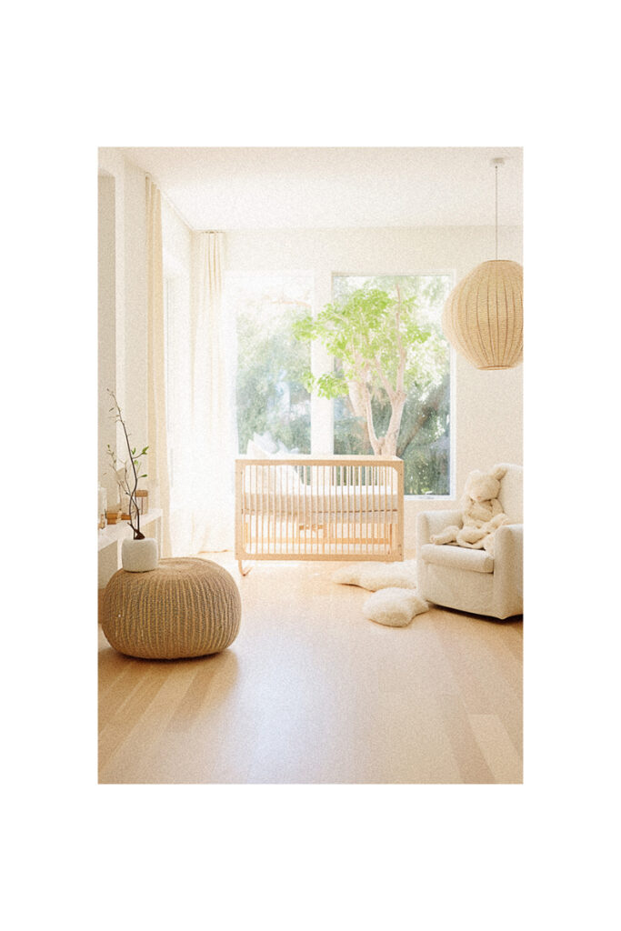 A natural nursery room with a white crib and furniture.