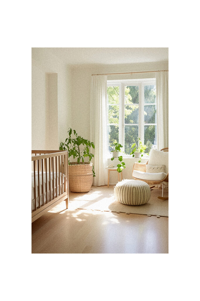 A natural nursery room with a white crib and a plant.