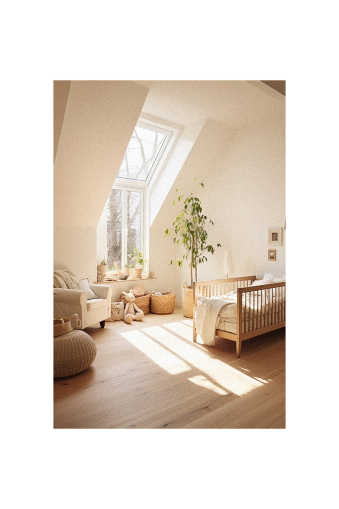 A natural nursery room with a bed and a window.
