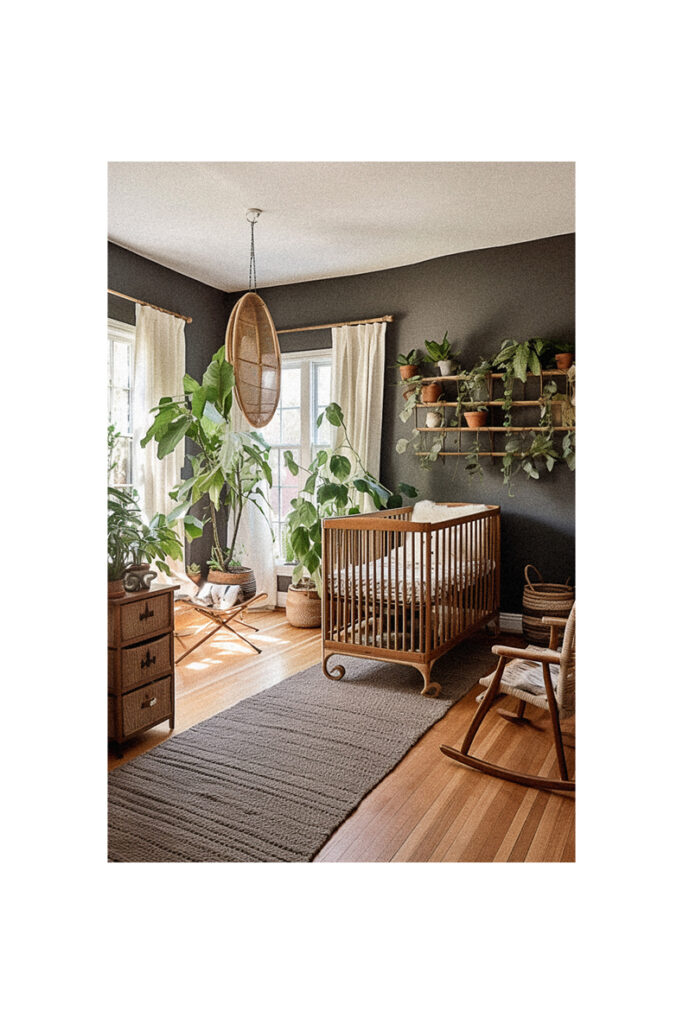 A natural nursery room with a crib, a chair, and plants.