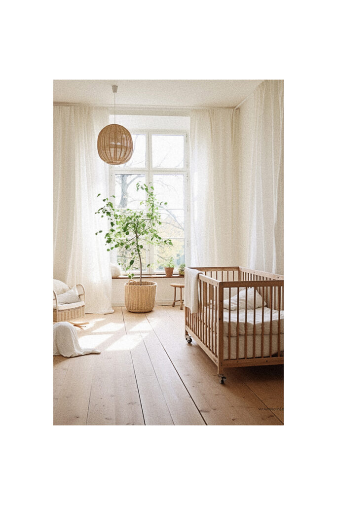 A natural nursery room with a wooden floor and a white crib.