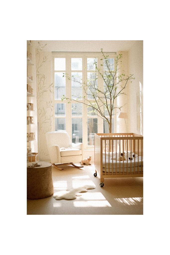 A Natural Nursery Room with a crib and a tree.