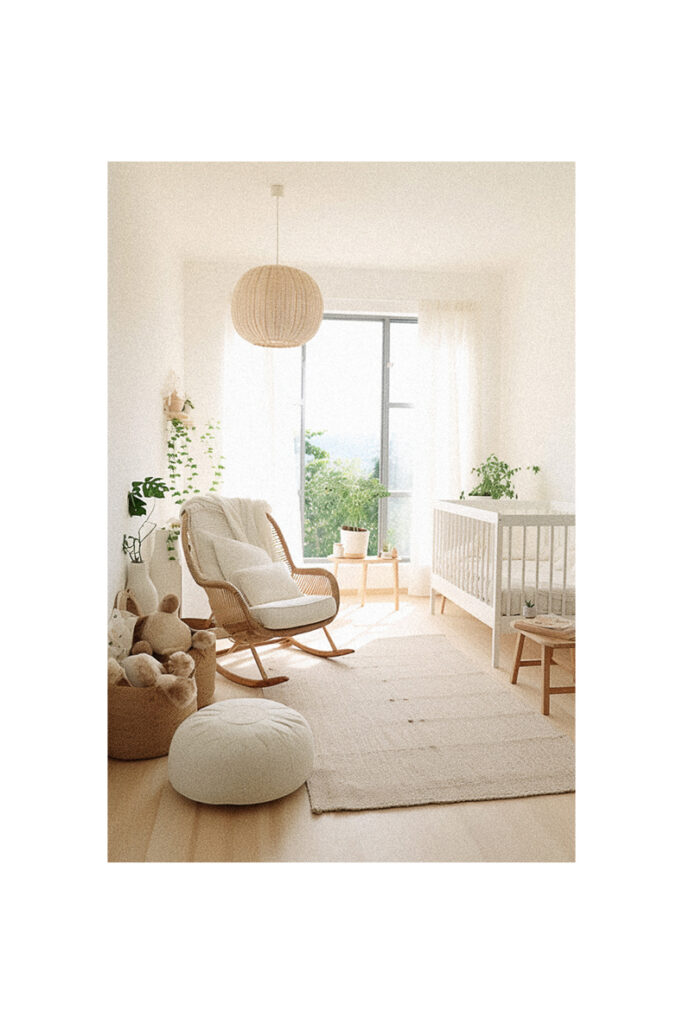 A natural nursery room with a rocking chair.