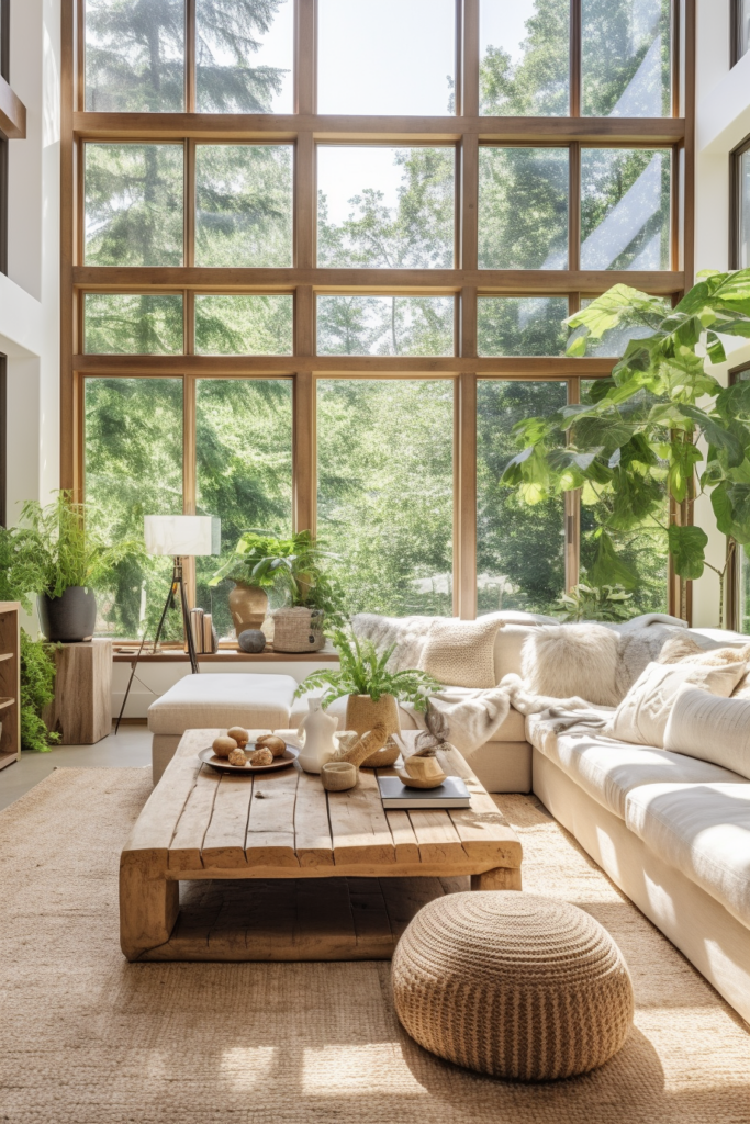 A living room with large windows and plants.