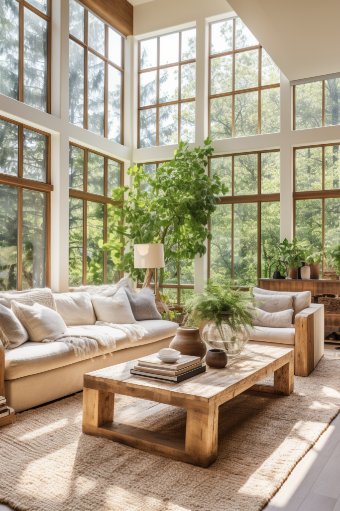 A living room with large windows and a coffee table.