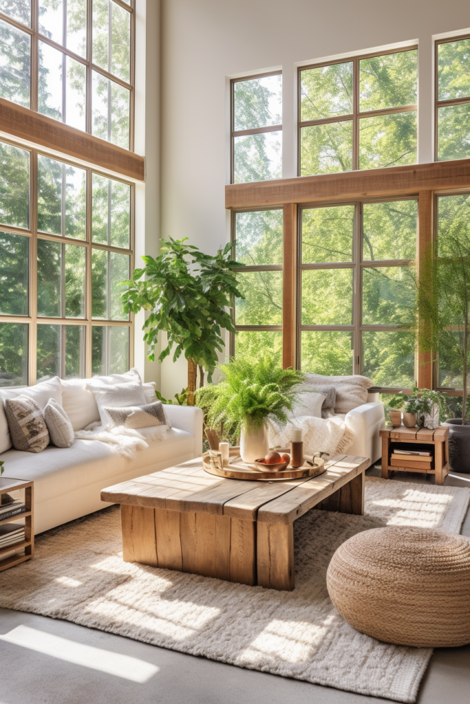 A living room with large windows and white furniture.