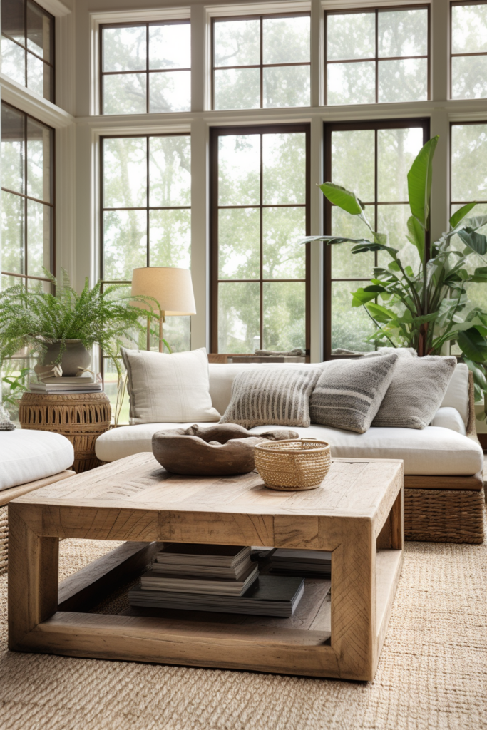 A living room with large windows and a wooden coffee table.