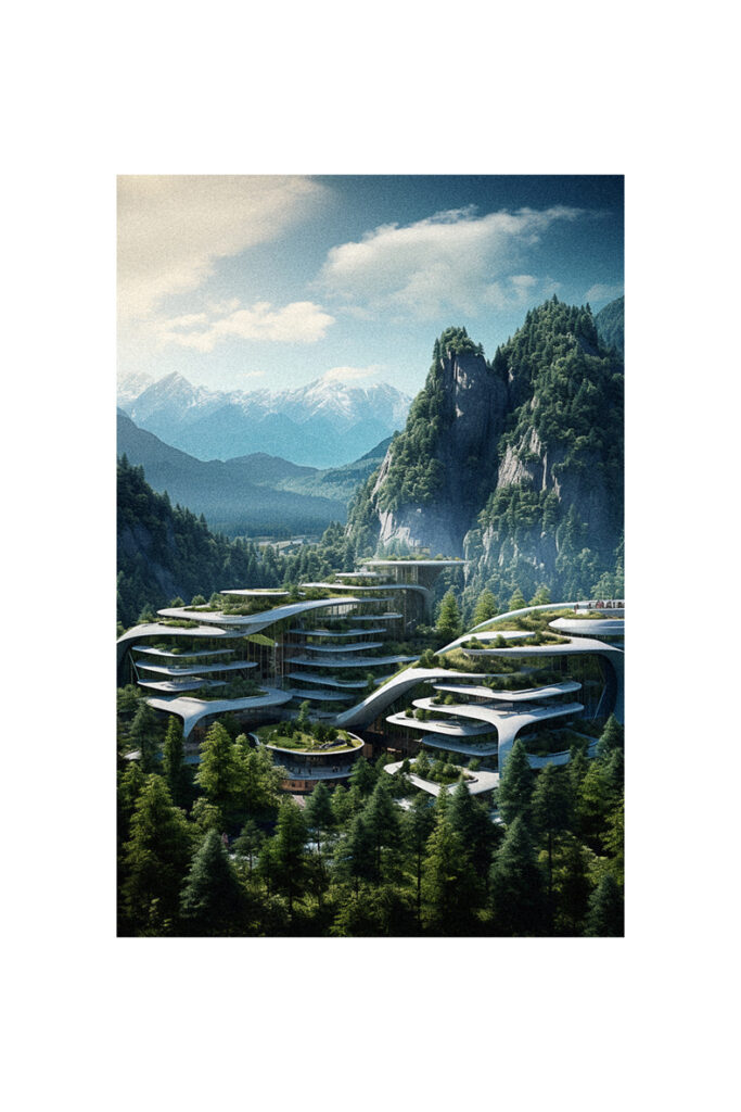 A futuristic and organic building nestled among trees and mountains.