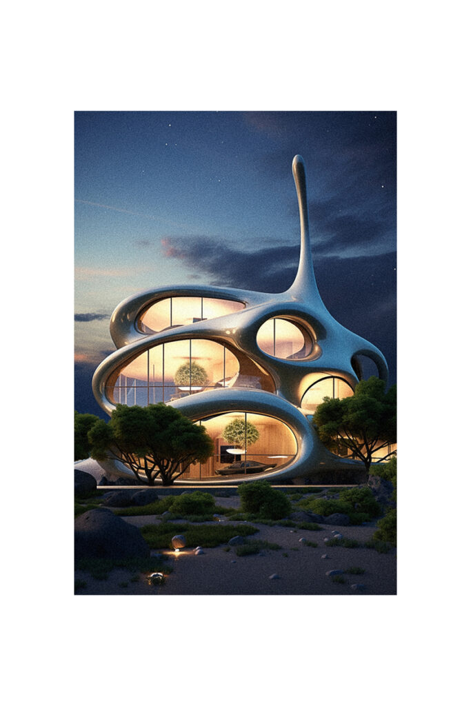 3D rendering of an organic futuristic house at night.