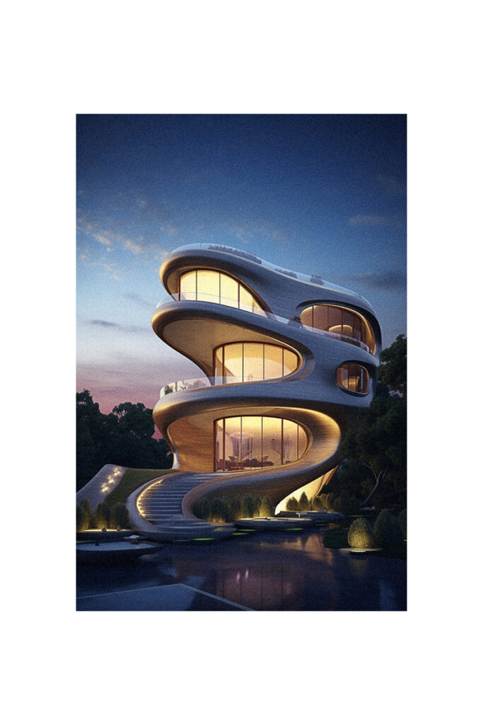An image of a futuristic organic house at night.