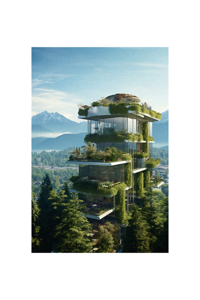 A futuristic building showcasing organic modern architecture with trees on top of it.