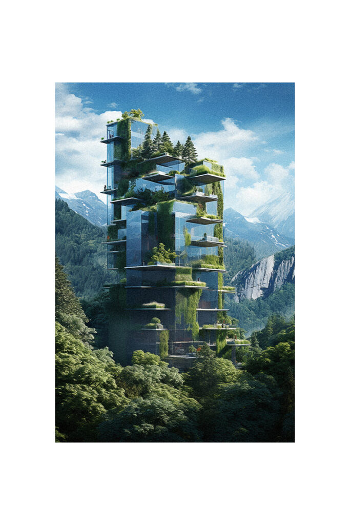 A futuristic organic building blending seamlessly into a forested landscape.