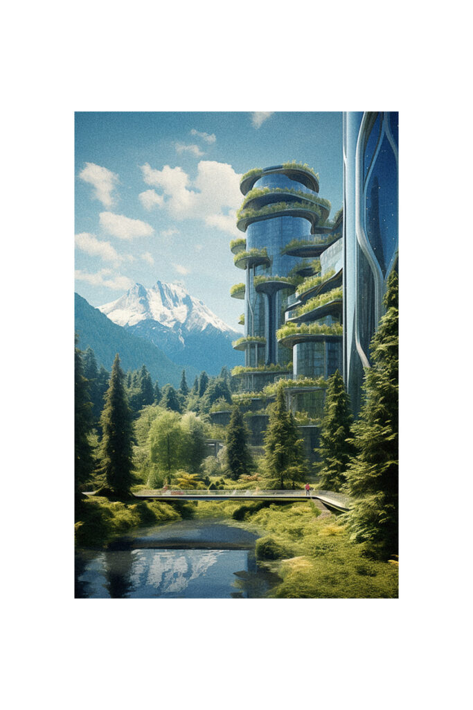 An organic modern city with trees and mountains in the background.