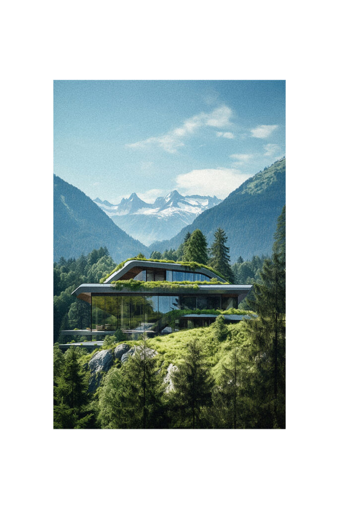 An organic house with a green roof atop a mountain.