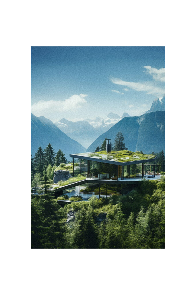 A mountain-top house with a green roof showcasing organic modern architecture.