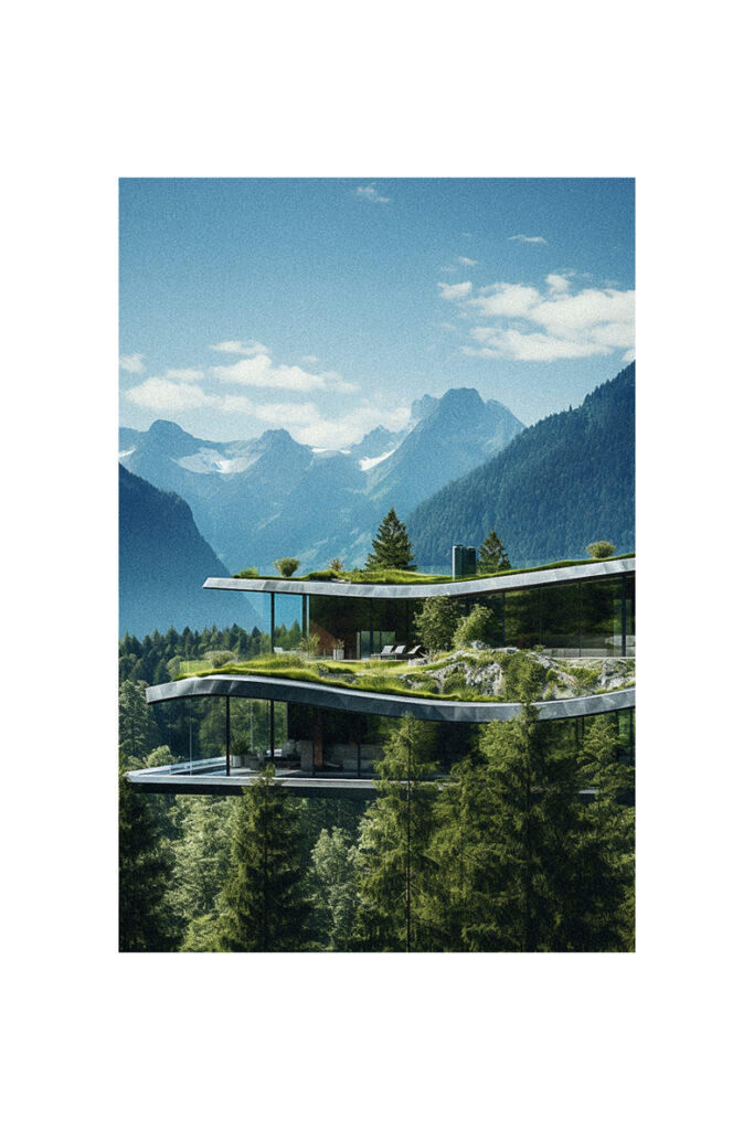 A modern house on top of a mountain in Switzerland.