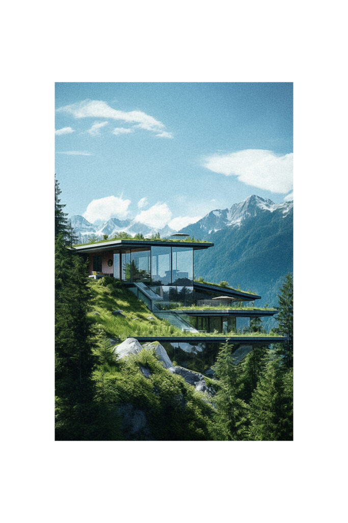 An image of a house on top of a mountain showcasing organic architecture.