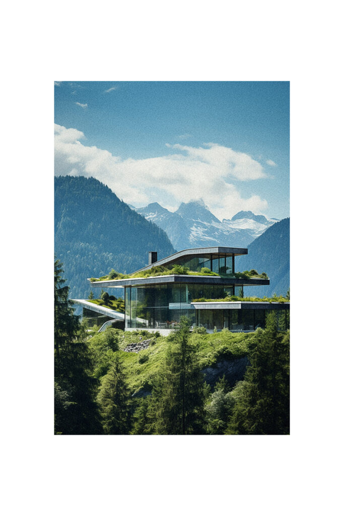 An organic house with a green roof on top of a mountain, blending modern architecture and nature.