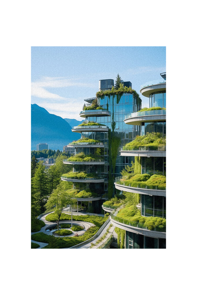 An organic modern building with a green roof in the middle of a city.