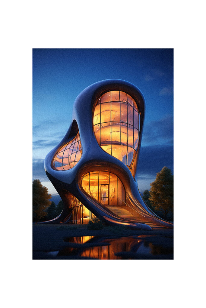 An image of a futuristic house at night showcasing organic modern architecture.