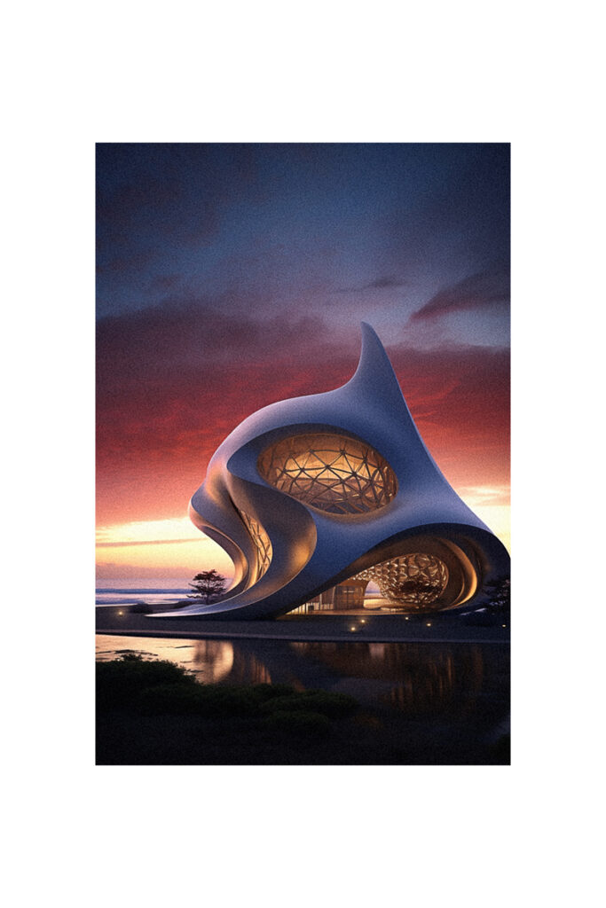A building with organic modern architecture that resembles a whale at dusk.
