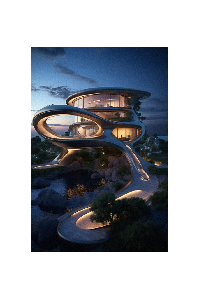 A futuristic, organic modern house on top of a hill.
