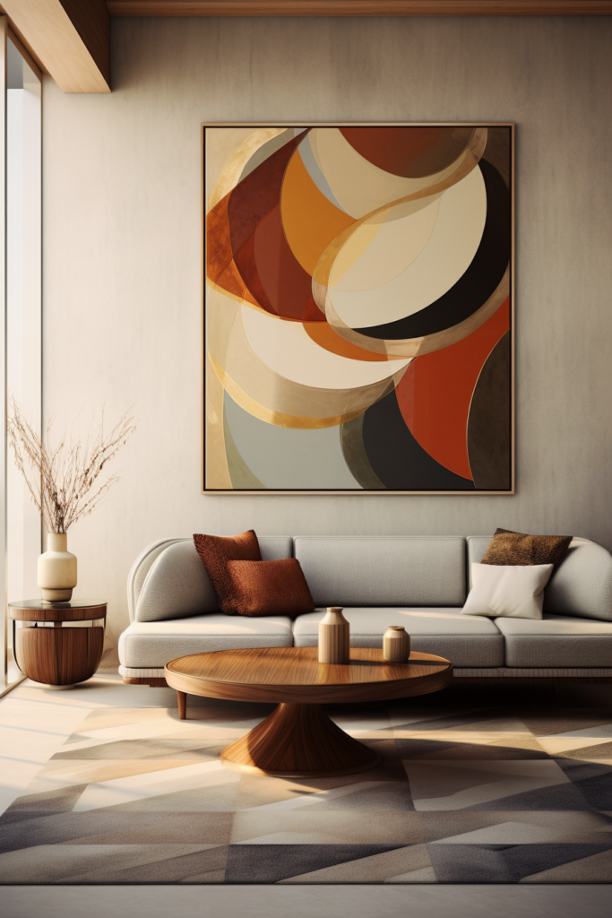 A modern living room with a large abstract painting on the wall.
