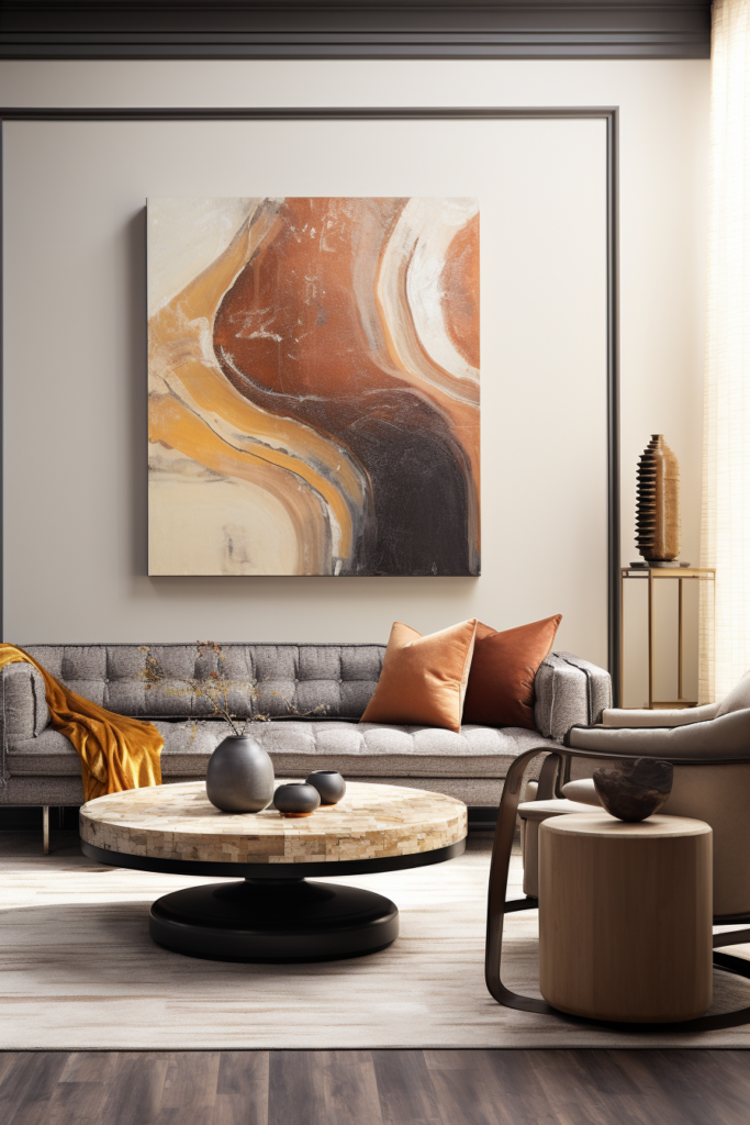 A living room adorned with a captivating large organic modern art painting on the wall.