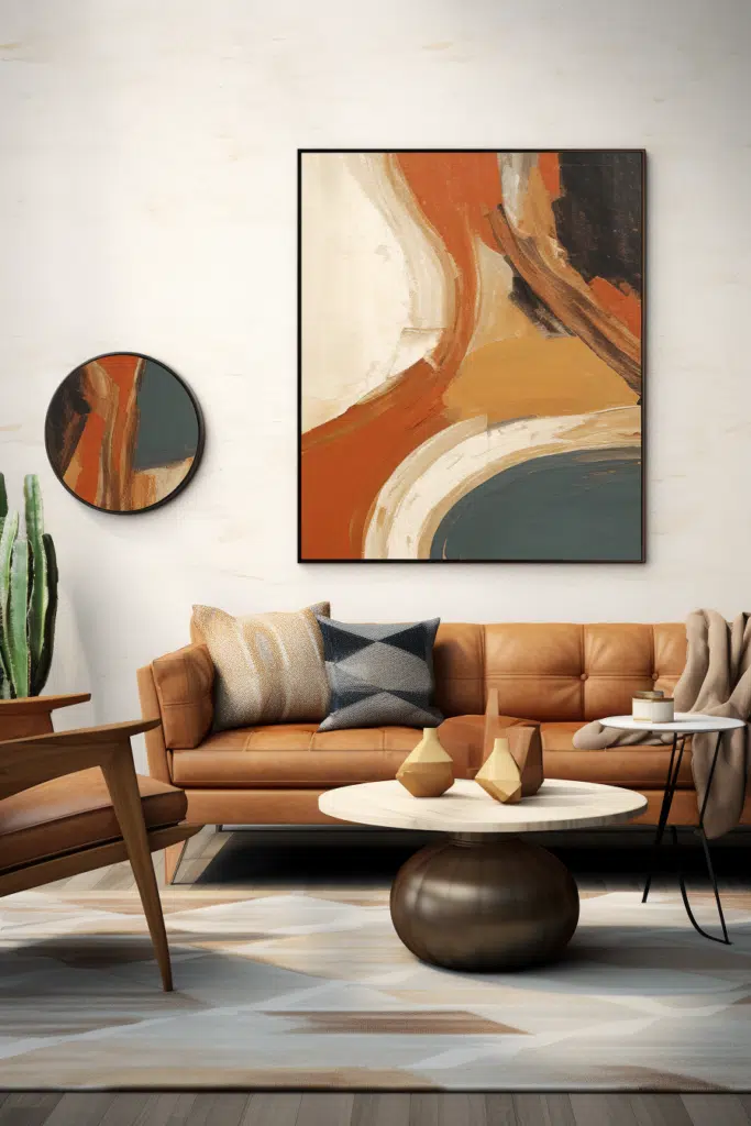An organic living room with brown leather furniture and modern art.