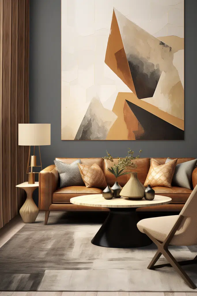 An organic modern living room with a large painting on the wall.