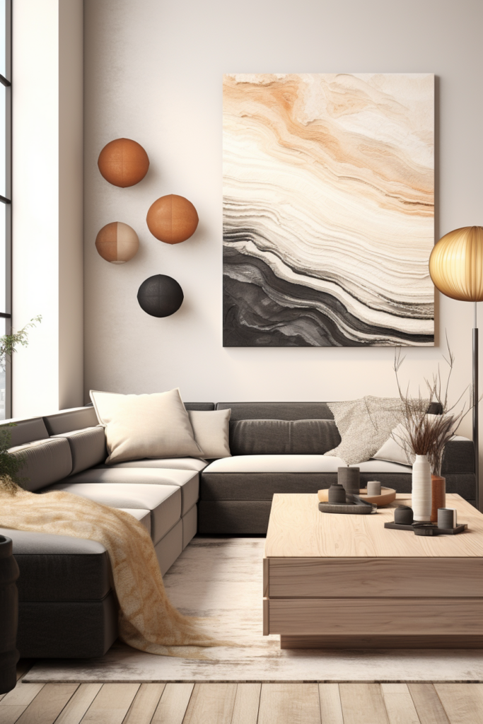 A modern living room with a large painting on the wall.